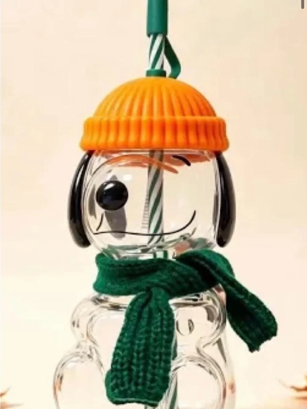 Starbucks Clear Snowman Trinket Bottle with Orange Hat and Green Scarf